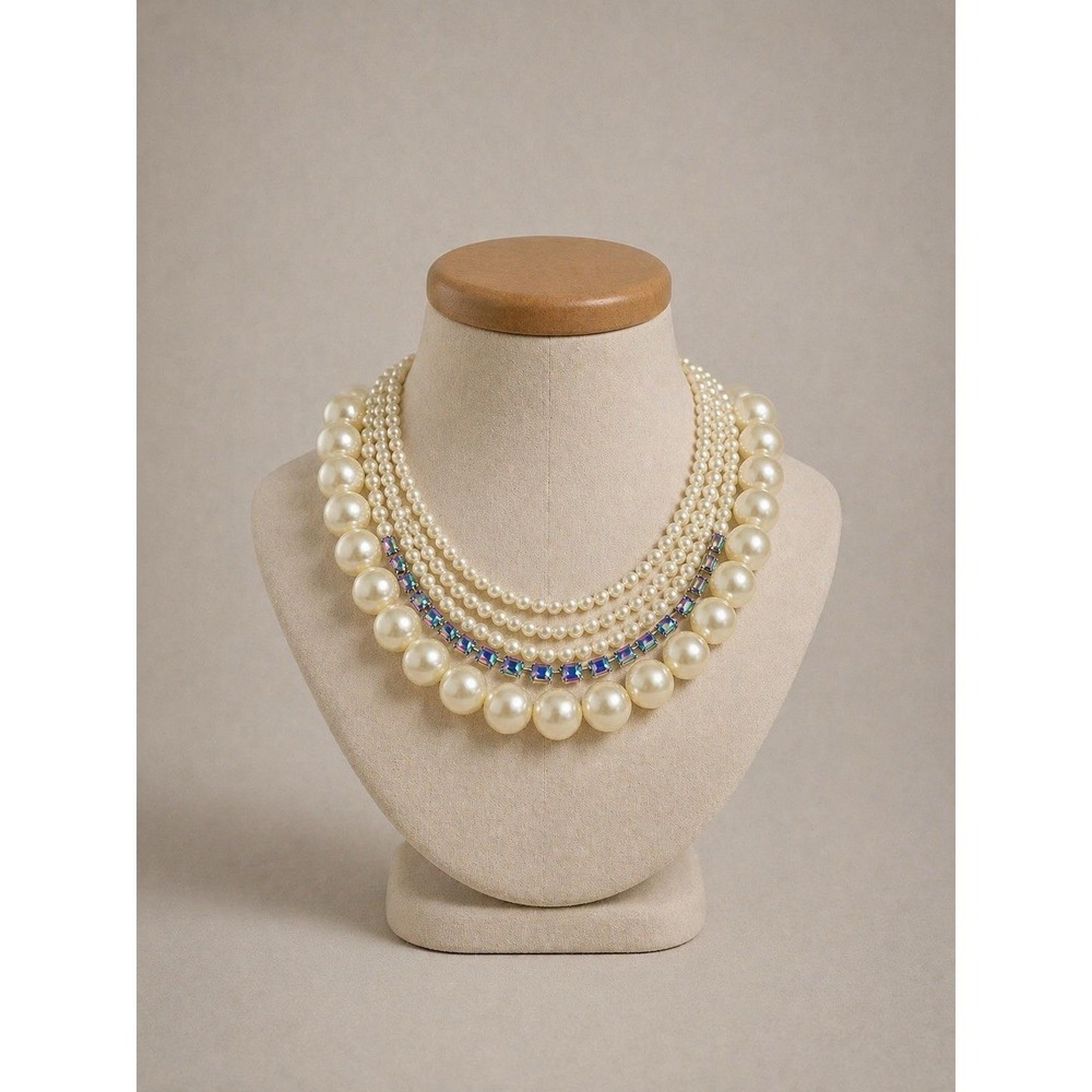 Multi-Strand Faux Pearl & Iridescent Crystal Graduated Drop Necklace